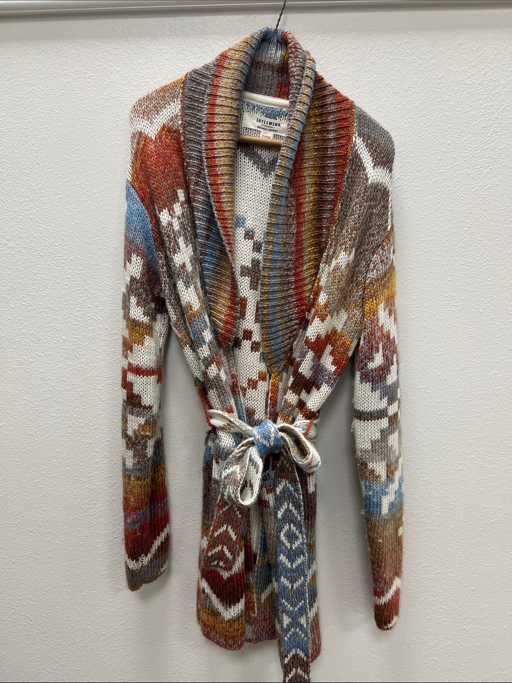 Anthropologie Multicolor Shawl-Collar Belted Cardigan in Rust, Blue, Cream, Gray